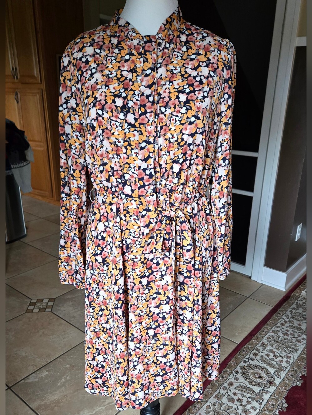 Allegra K Black Yellow Peach Floral Long-Sleeve Tie-Waist Dress
